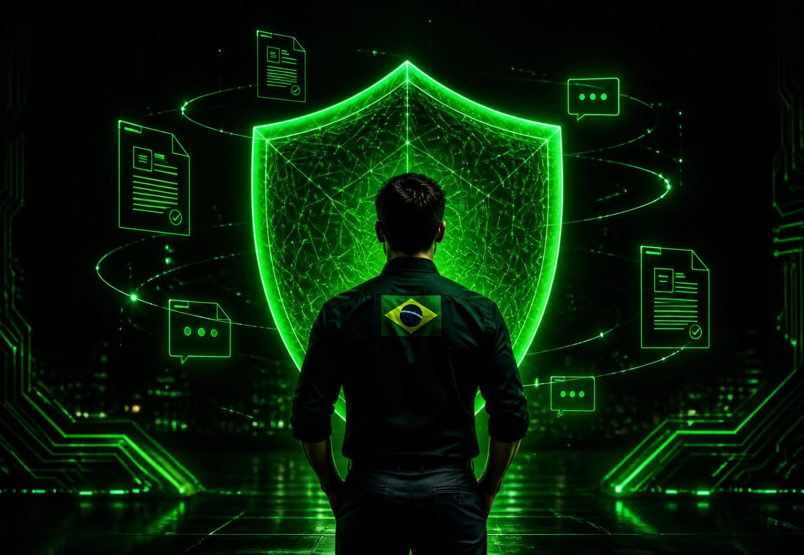 Trabalhador diante de um escudo digital verde